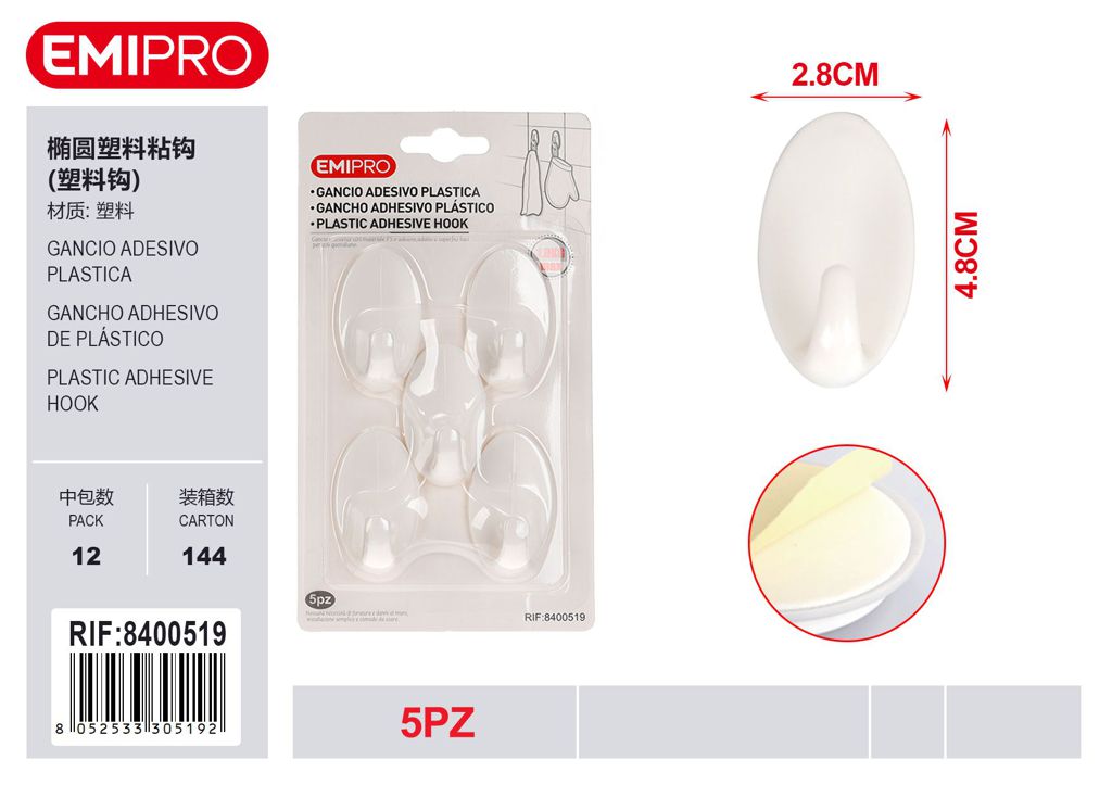 Gancio Adesivo Plastica 5Pz