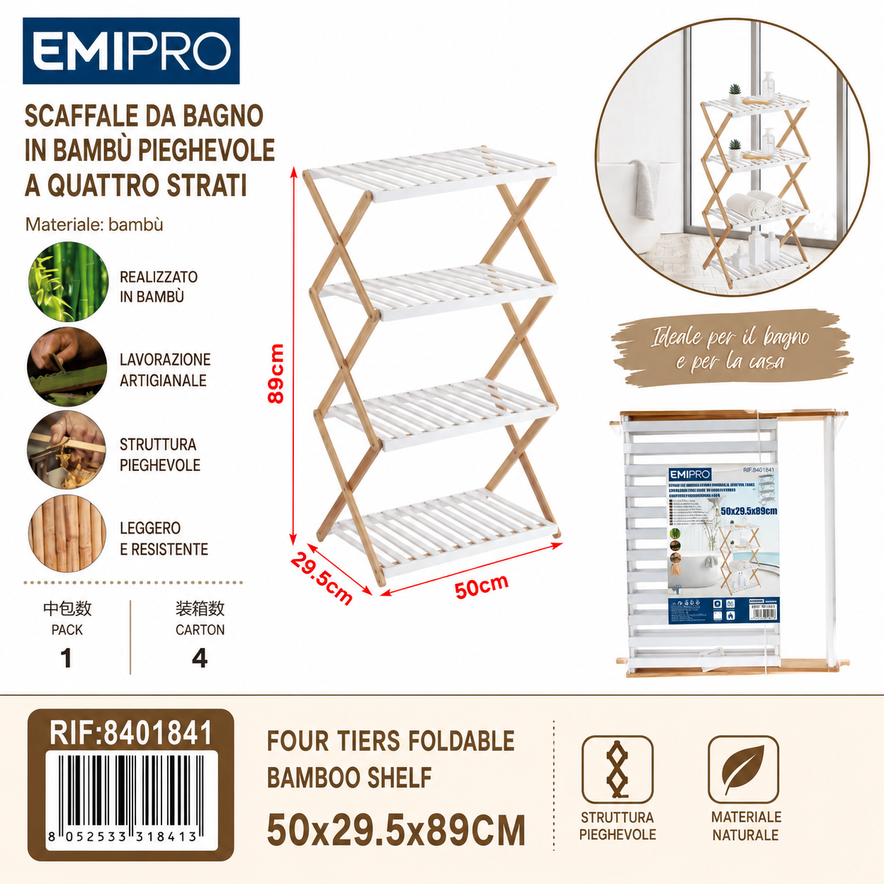 Scaffale da Bagno in Bambù Pieghevole a Quattro Strati