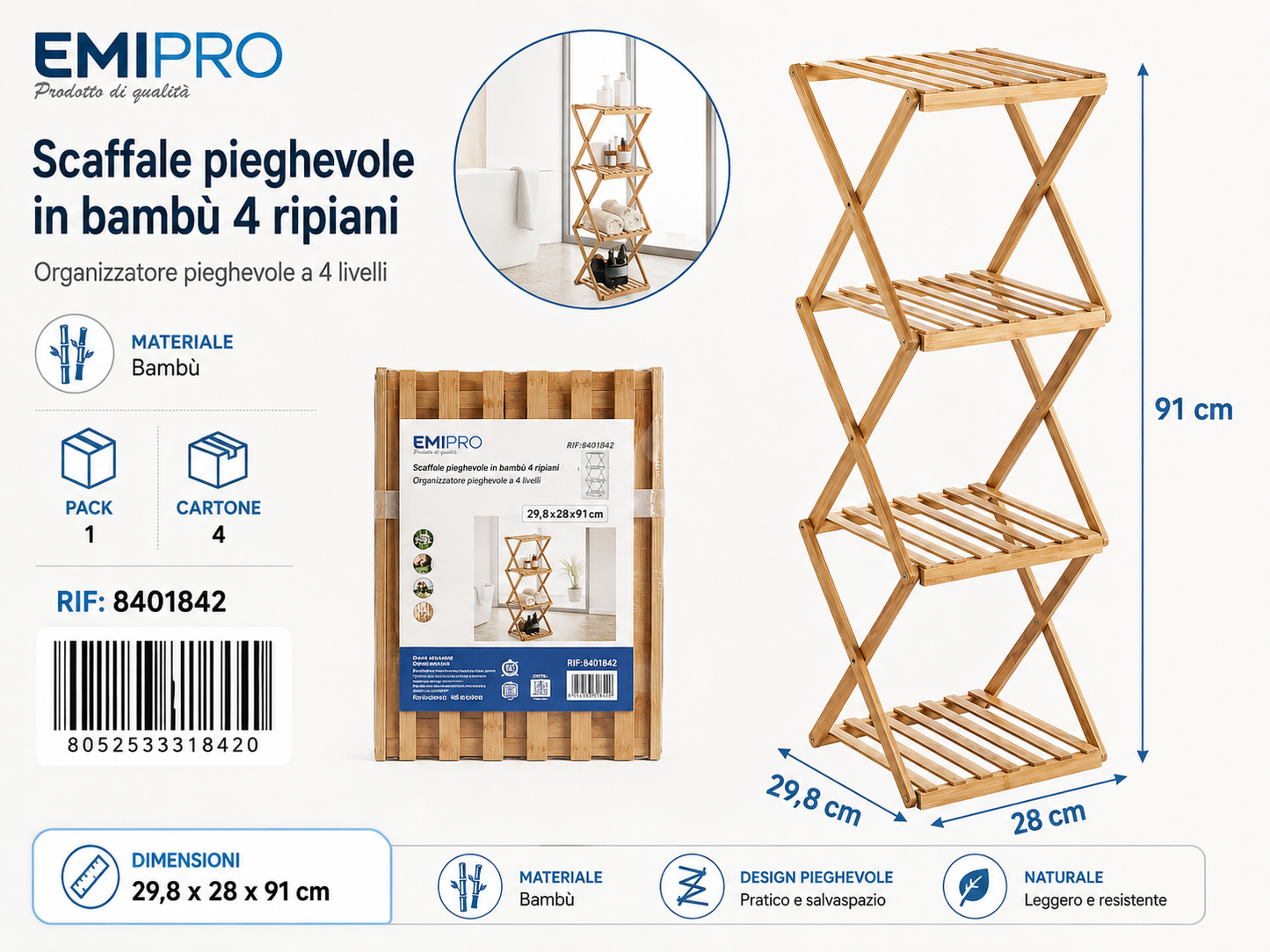 Ripiani Pieghevole in Bambù a Quattro Strati