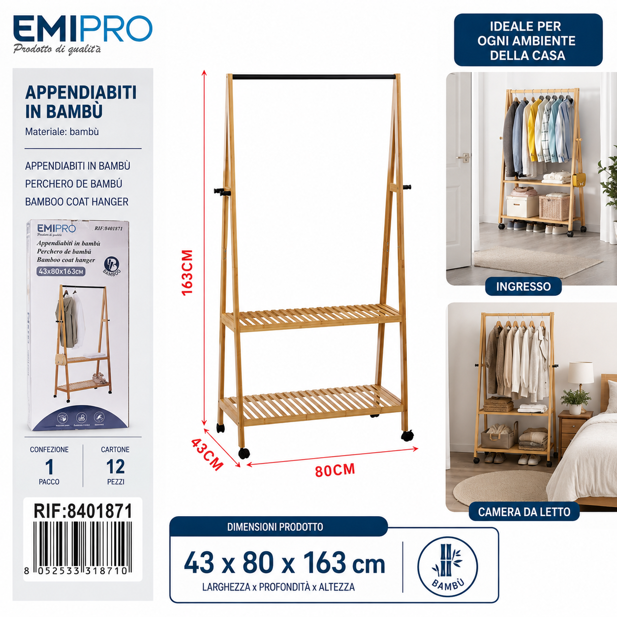 Appendiabiti in Bambù 80*43*163cm