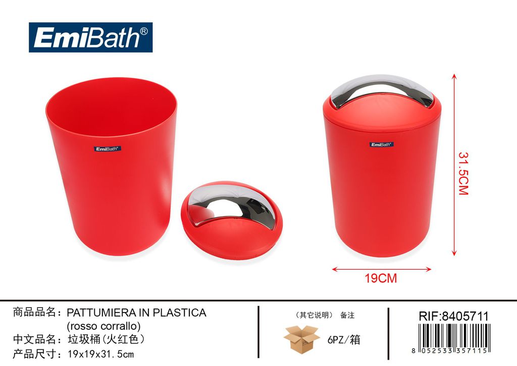 Pattumiera In Plastica Rosso Corrallo 19*19*31.5cm