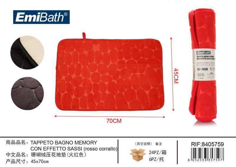 Tappeto Bagno Memory Con Effetto Sassi Rosso Corrallo 45*70cm