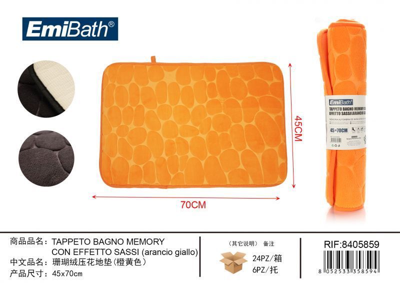 Tappeto Bagno Memory Con Effetto Sassi Arancio Giallo 45*70cm