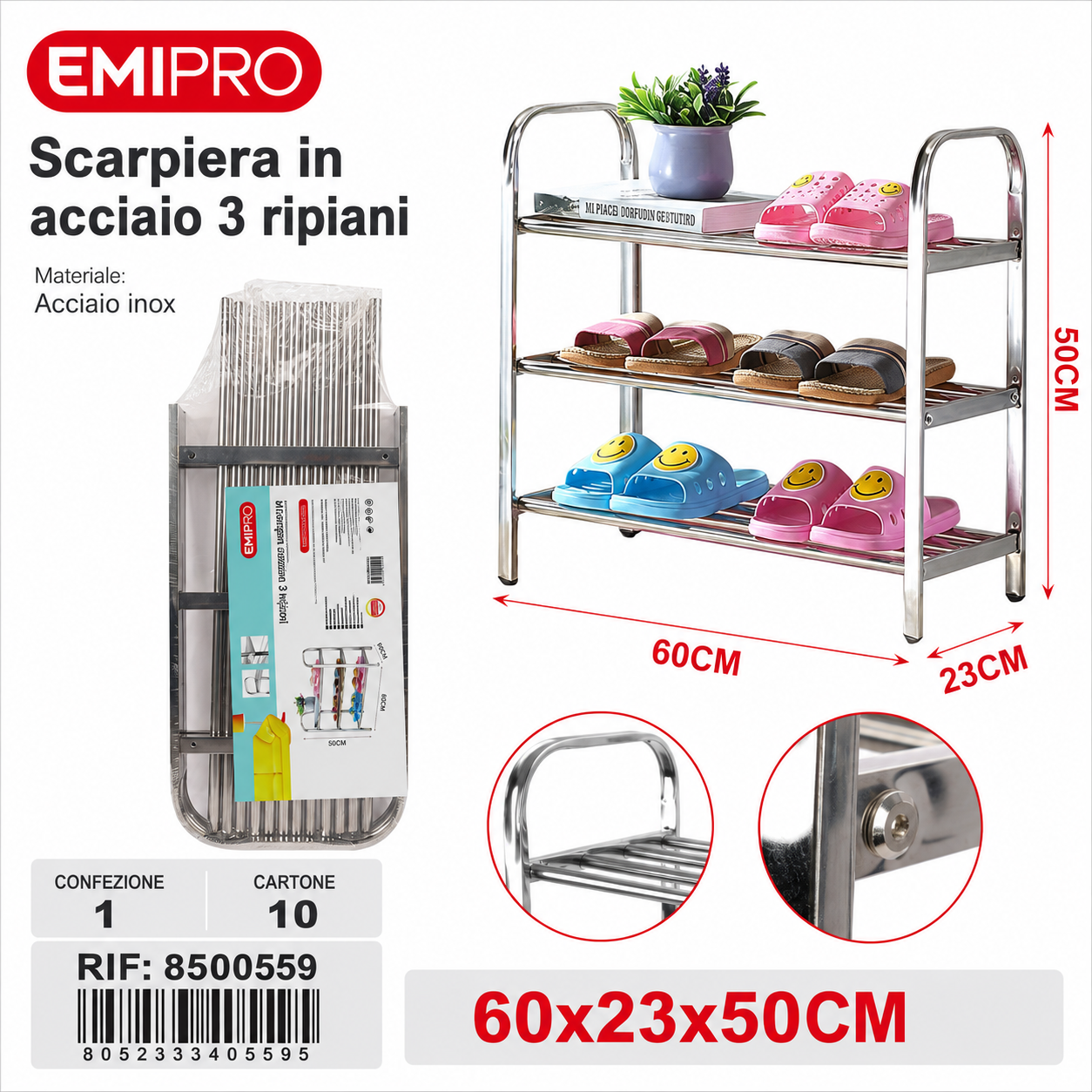Scarpiera Acciaio 3 Piani 60*23*50cm