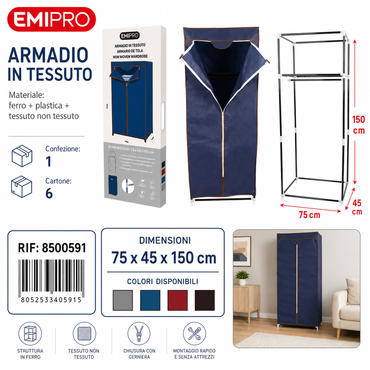 Armadio in Tessuto 75*45*150cm