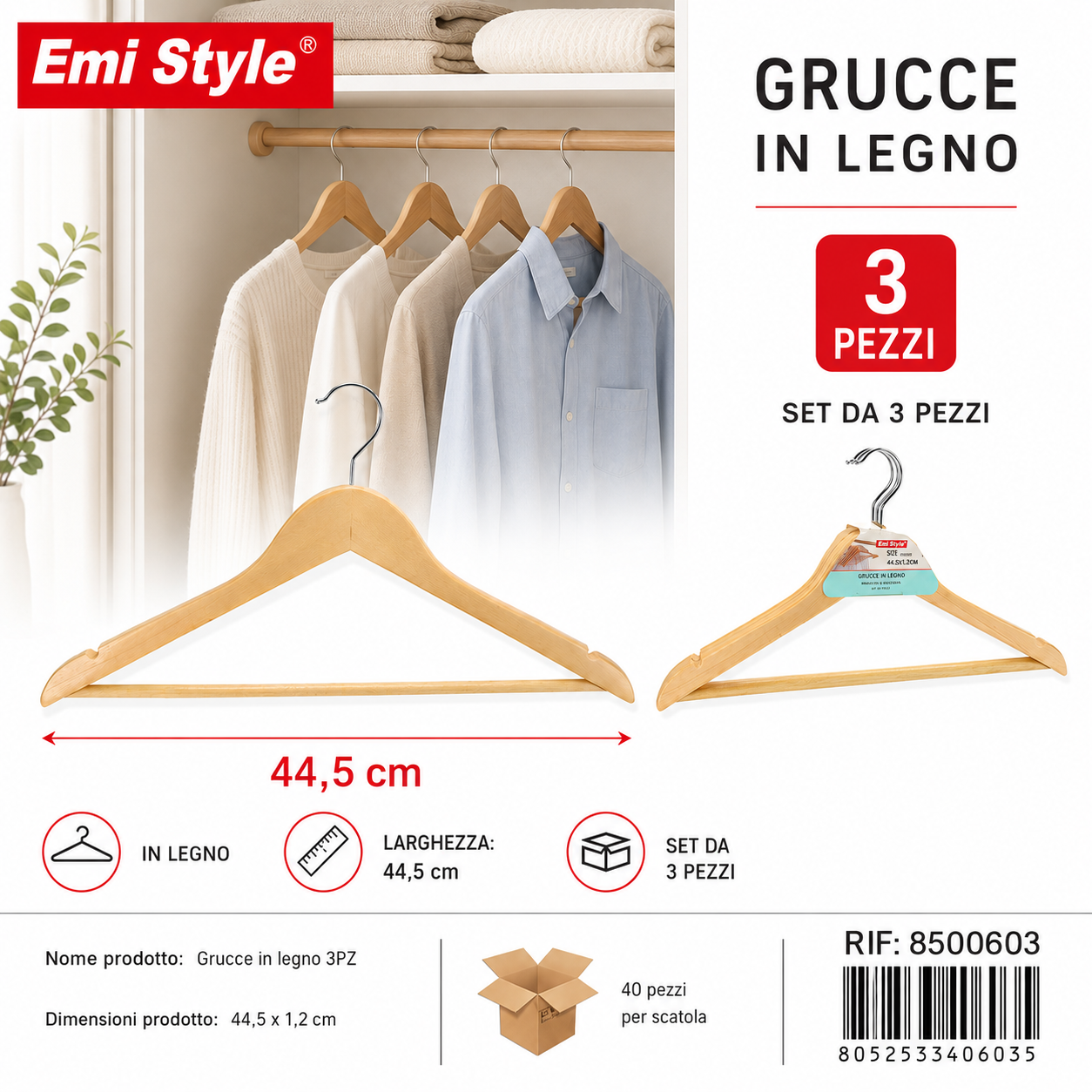 Grucce in Legno 3pz Cm.44.5*1.2