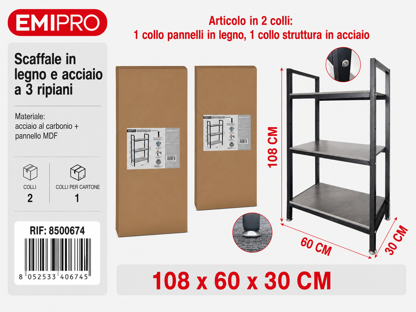 Scaffale in Legno e Acciaio a 3 Strati 60*30*108 cm