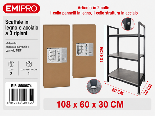 Scaffale in Legno e Acciaio a 3 Strati 60*30*108 cm