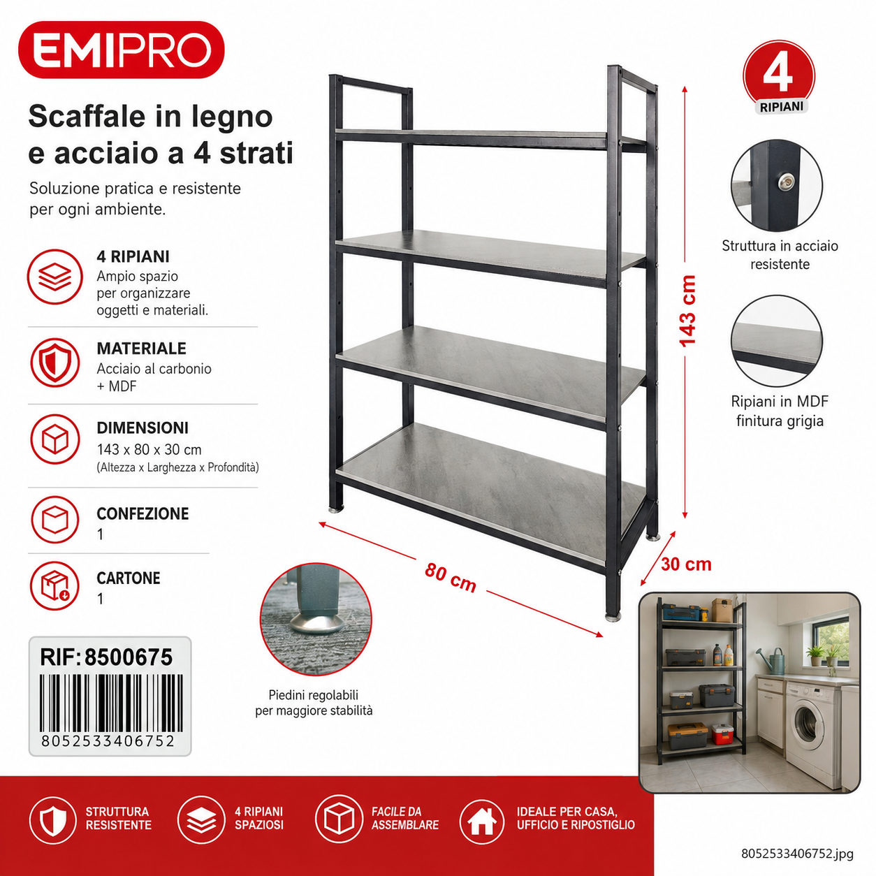 Scaffale in Legno e Acciaio a 4 Strati 80*30*143cm