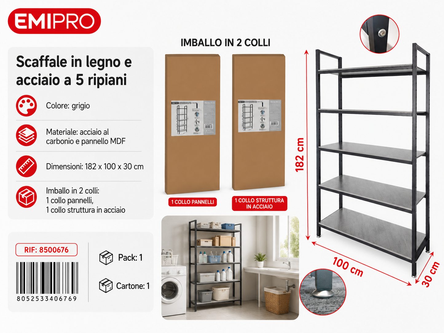 Scaffale in Legno e Acciaio a 5 Strati 100*30*182cm