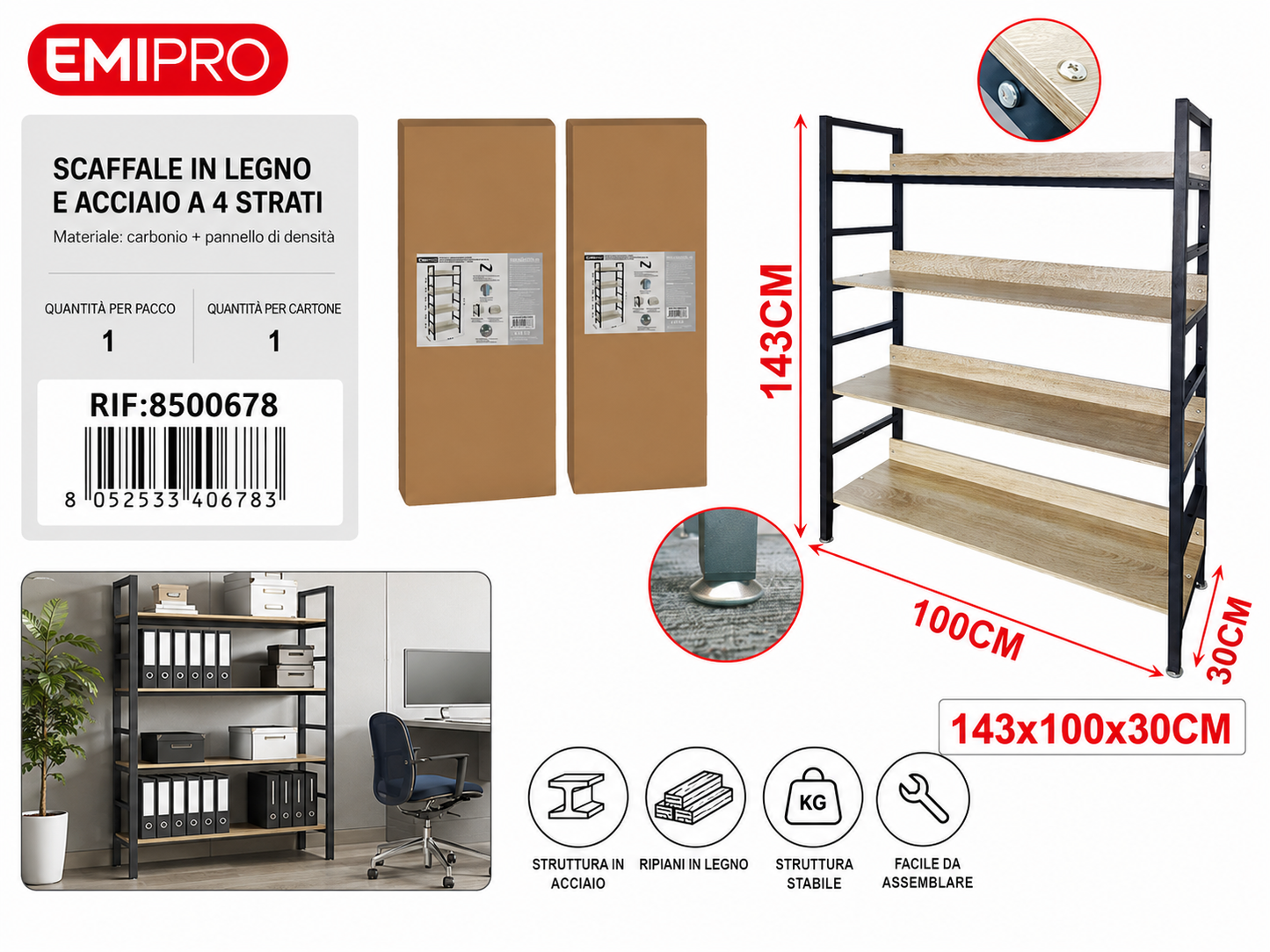 Scaffale in Legno e Acciaio a 4 Strati 100*30*143cm