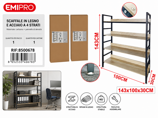 Scaffale in Legno e Acciaio a 4 Strati 100*30*143cm