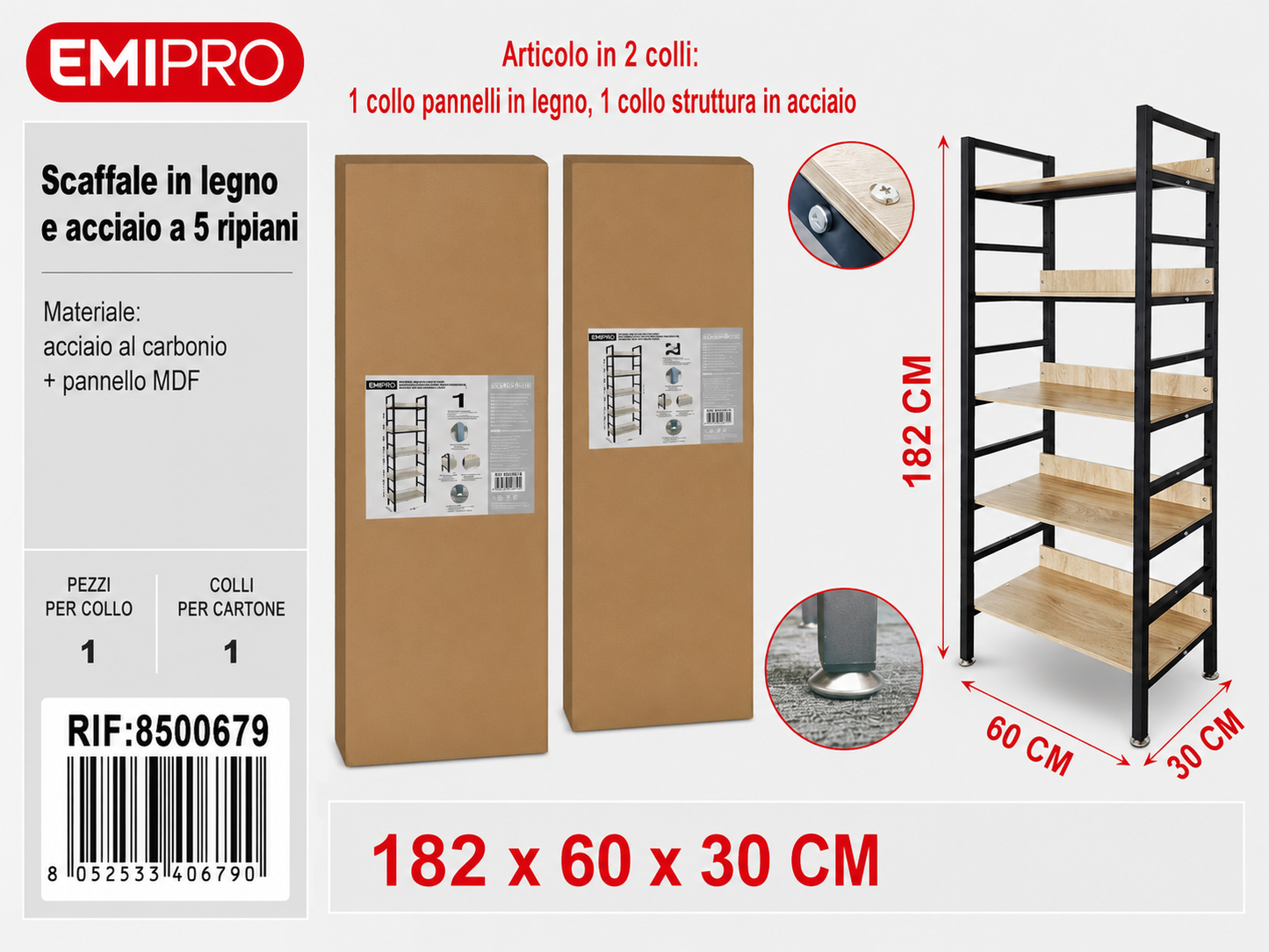Scaffale in Legno e Acciaio a 5 Strati 60*30*182cm
