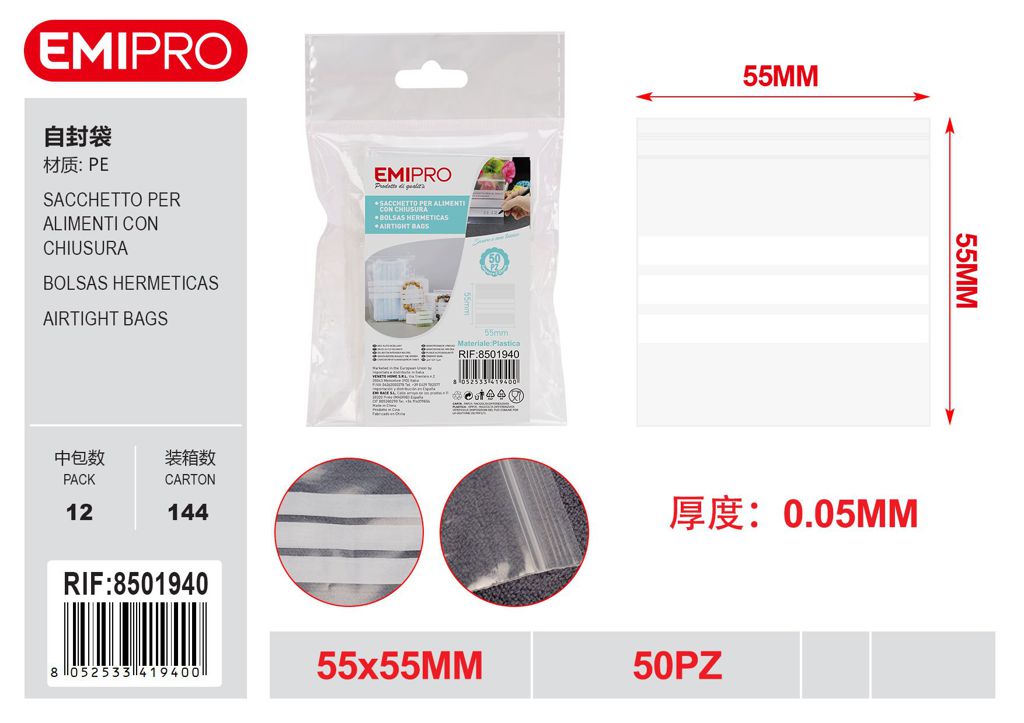 Sacchetto Per Alimenti Con Chiusura 50Pz 55*55*0.05mm