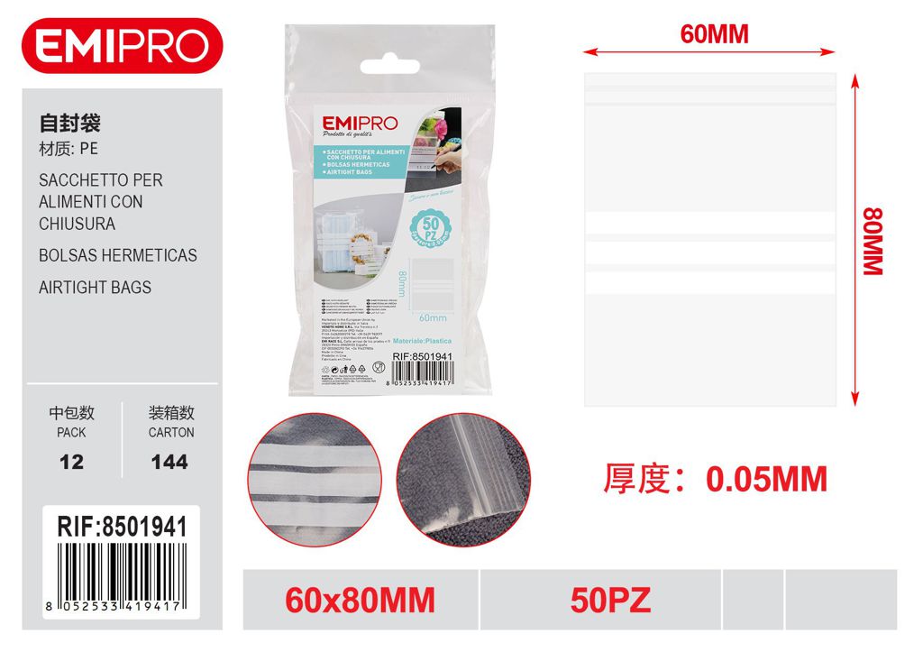 Sacchetto Per Alimenti Con Chiusura 50Pz 60*80*0.05mm