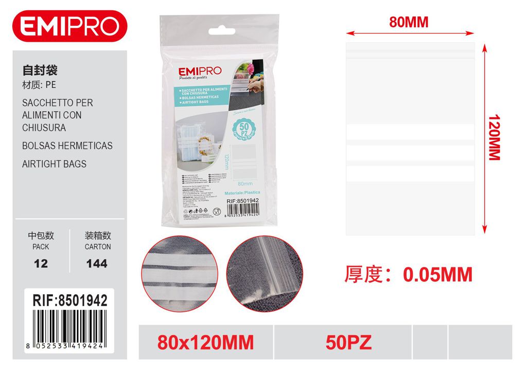 Sacchetto Per Alimenti Con Chiusura 50Pz 80*120*0.05mm