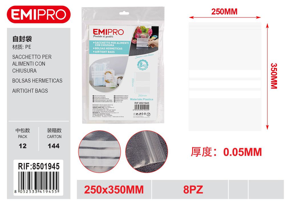 Sacchetto Per Alimenti Con Chiusura 8Pz 250*350*0.05mm