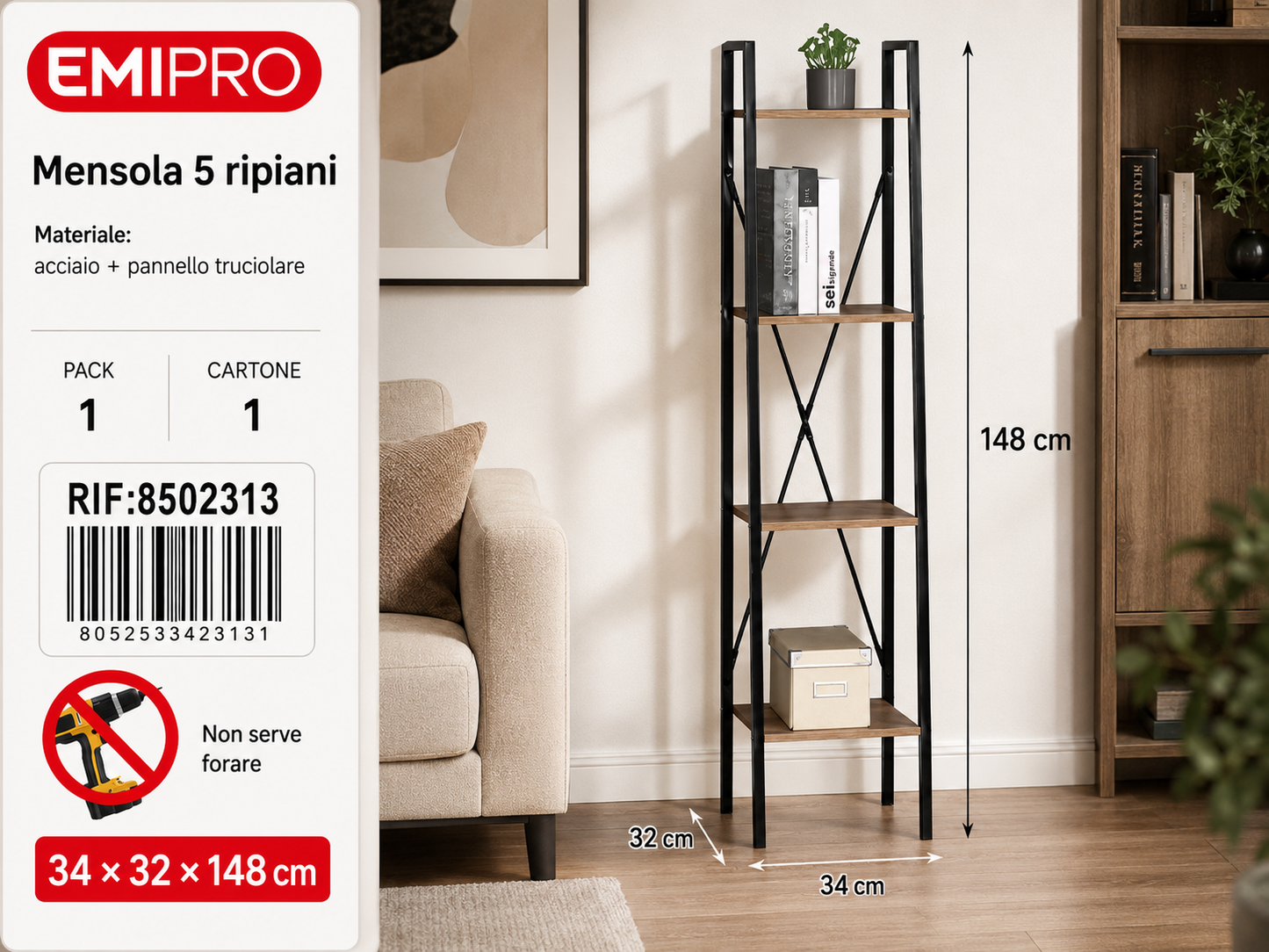 Mensola 5 Ripiani 34*32*148cm