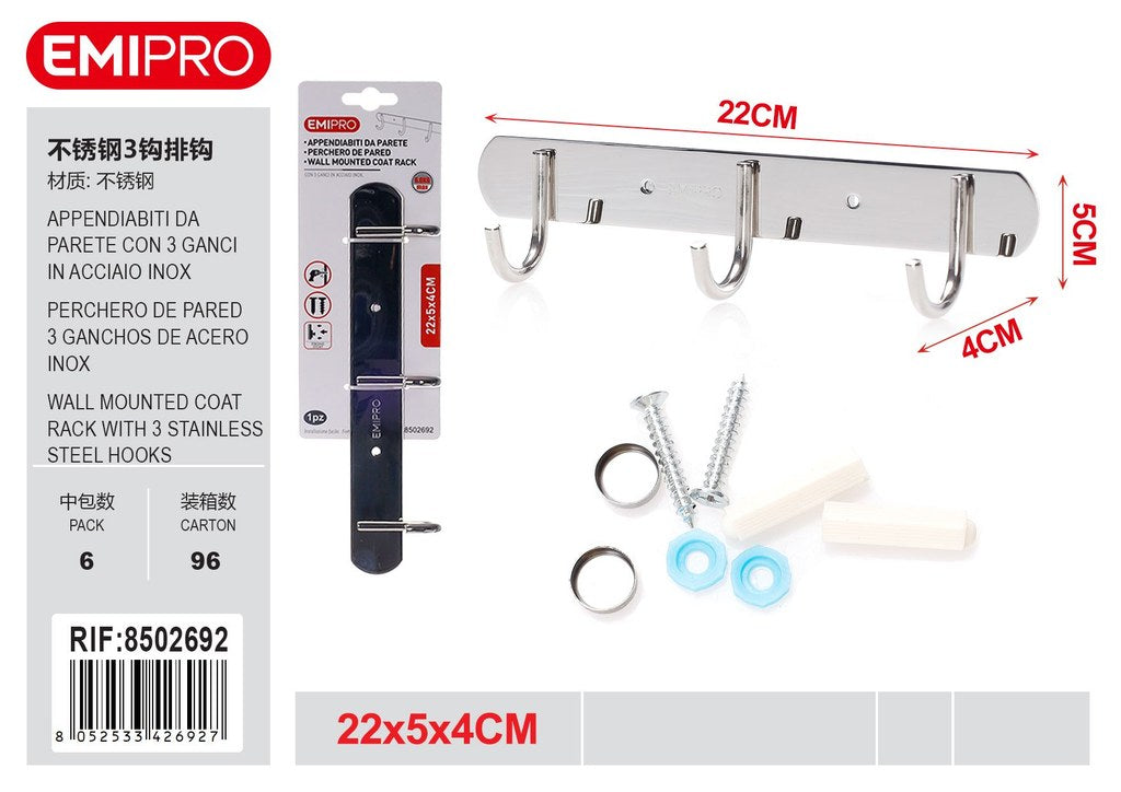 Appendiabiti Da Parete Con 3 Ganci In Acciaio Inox 22*5*4cm