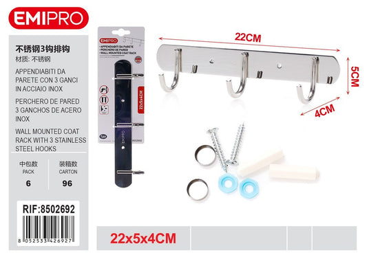 Appendiabiti Da Parete Con 3 Ganci In Acciaio Inox 22*5*4cm