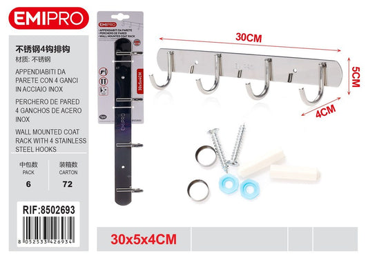Appendiabiti Da Parete Con 4 Ganci In Acciaio Inox 30*5*4cm