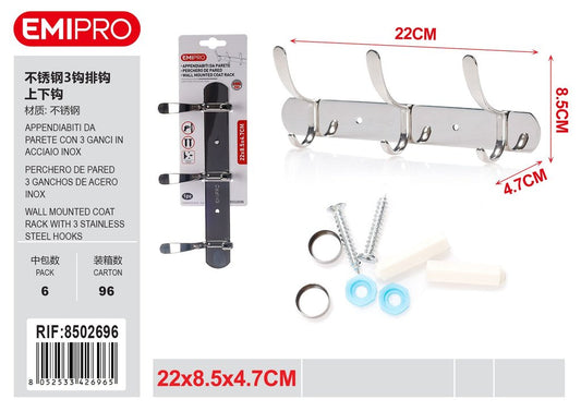 Appendiabiti Da Parete Con 3 Ganci In Acciaio Inox 22*8.5*4.7cm