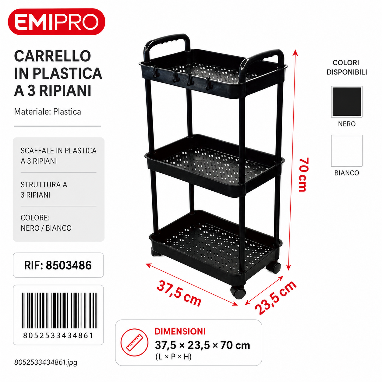 Scaffale in Plastica a 3 Ripiani 37.5*23.5*70cm