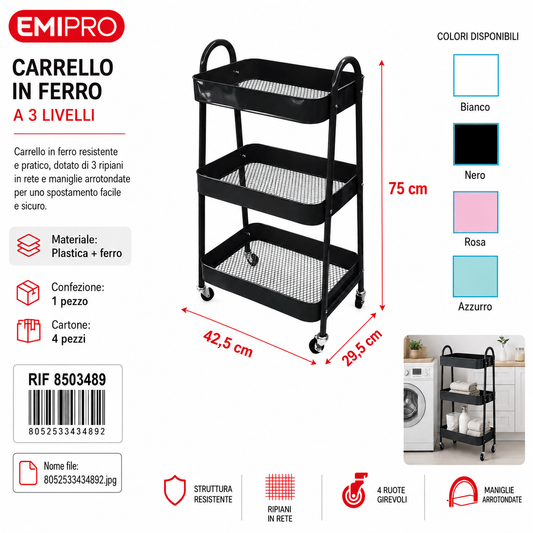 Carrello in Ferro a 3 Livelli 42.5*29.5*75cm