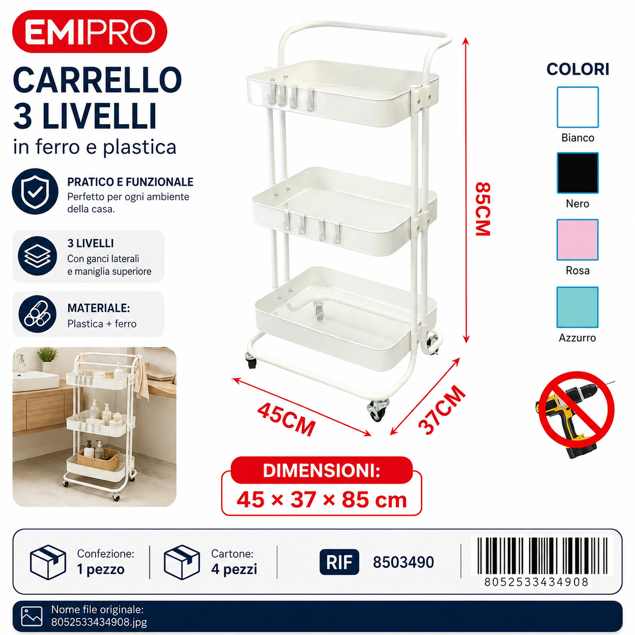 Carrello in Ferro a 3 Livelli 45*37*85cm