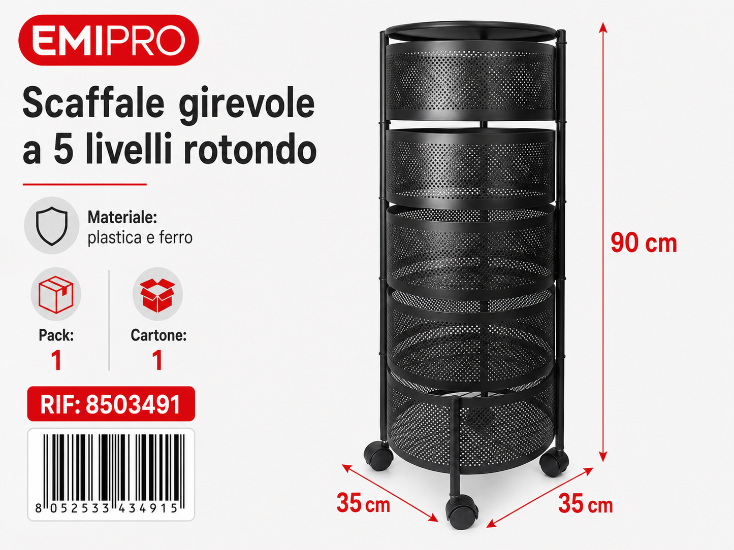 Scaffale Girevole a 5 Livelli Rotonda 35*35*90cm