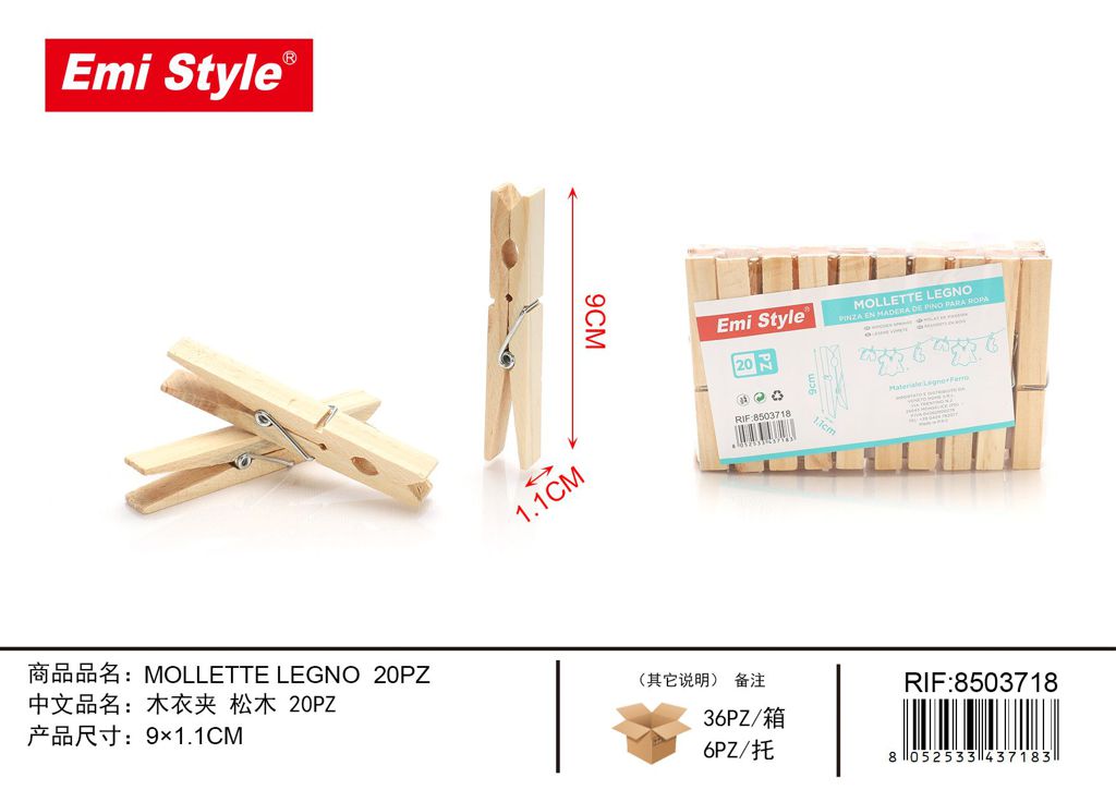 Mollette Legno 9*1.1cm 20Pz