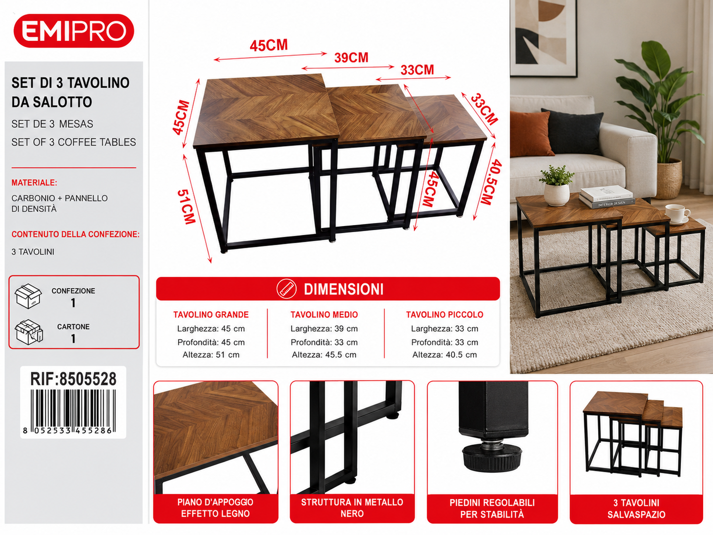 Set di 3 Tavolino da Salotto