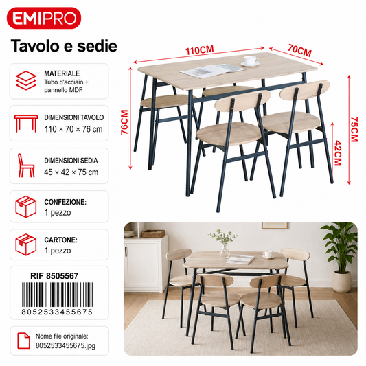 Tavolo e Sedie 110*70*76cm 45*42*75cm