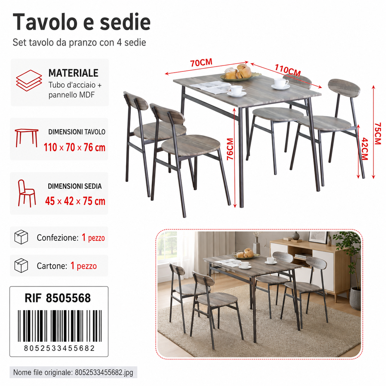 Tavolo e Sedie 110*70*76cm 45*42*75cm