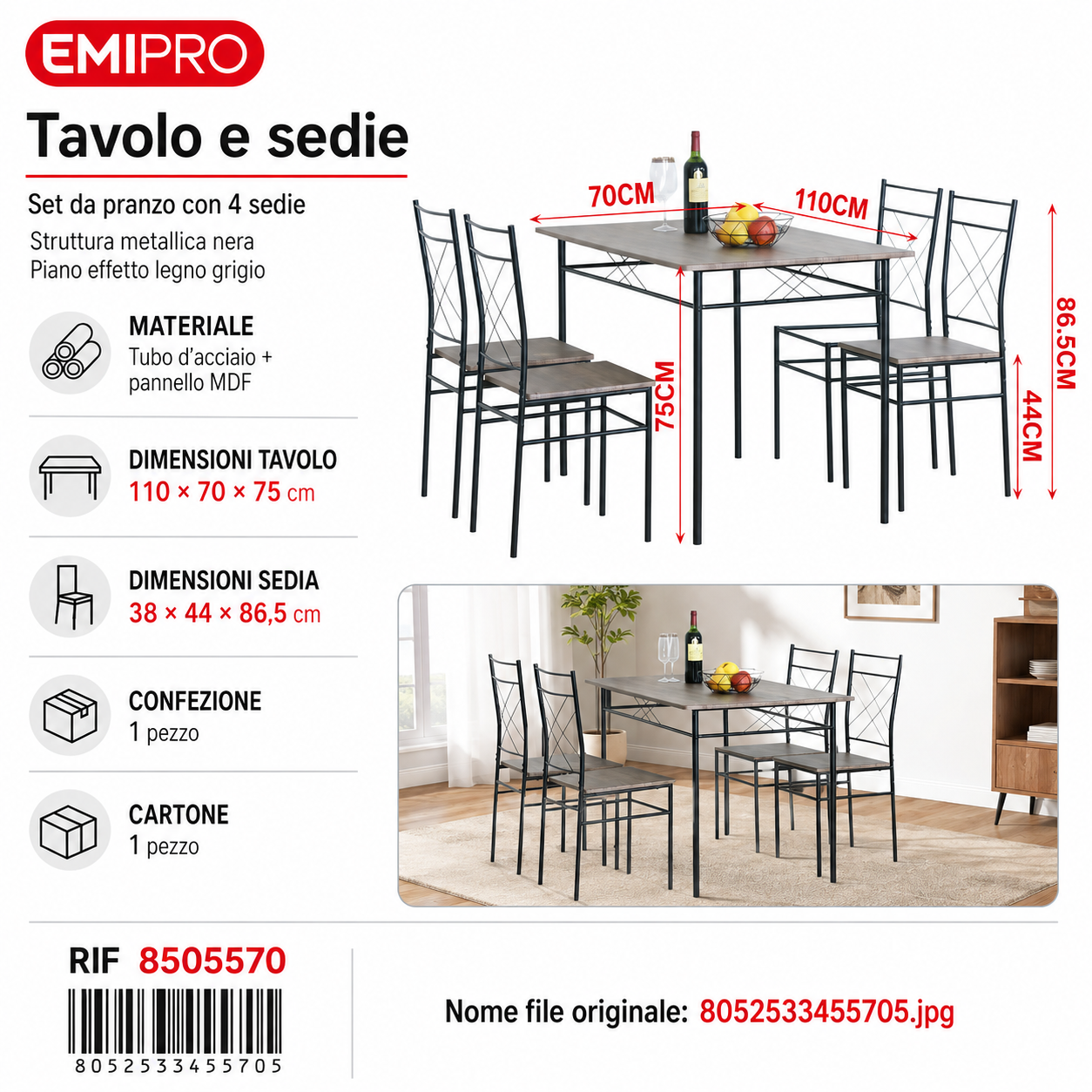 Tavolo e Sedie 110*70*75cm 38*44*86.5cm
