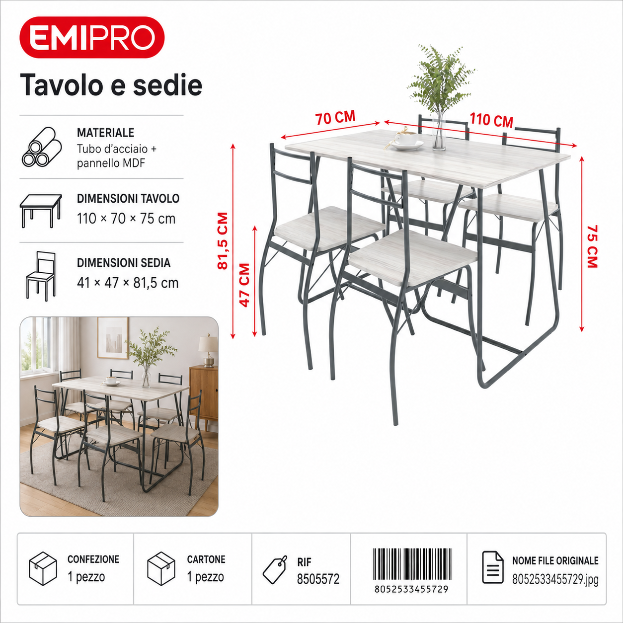Tavolo e Sedie 110*70*75cm 41*47*81.5cm