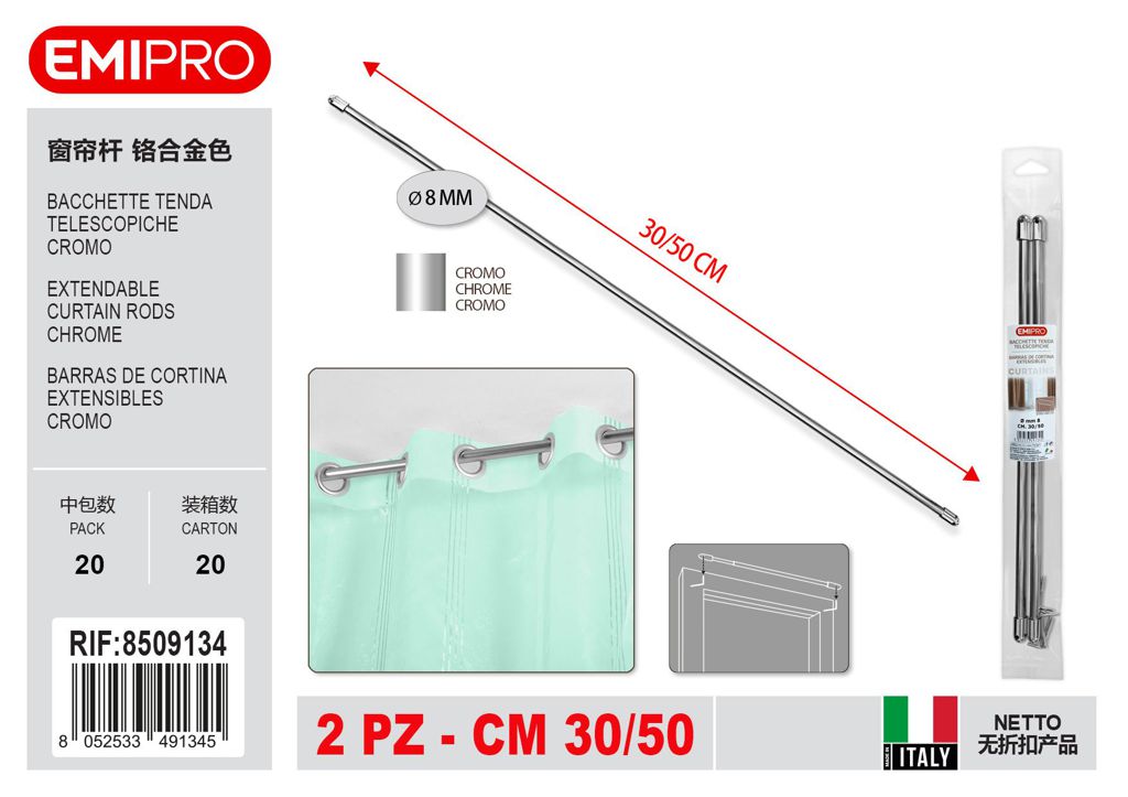 Bacchette Tenda Telescopiche Cromo D.8mm 30/50cm