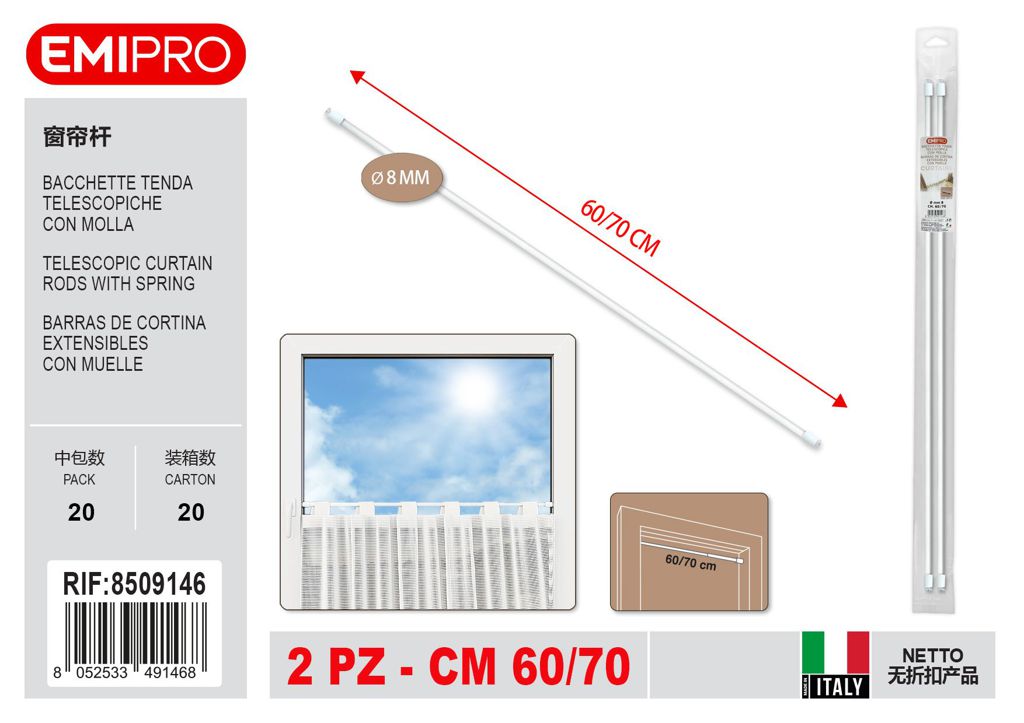Bacchette Tenda Telescopiche cm 60/70 In Busta Da 2 Pezzi