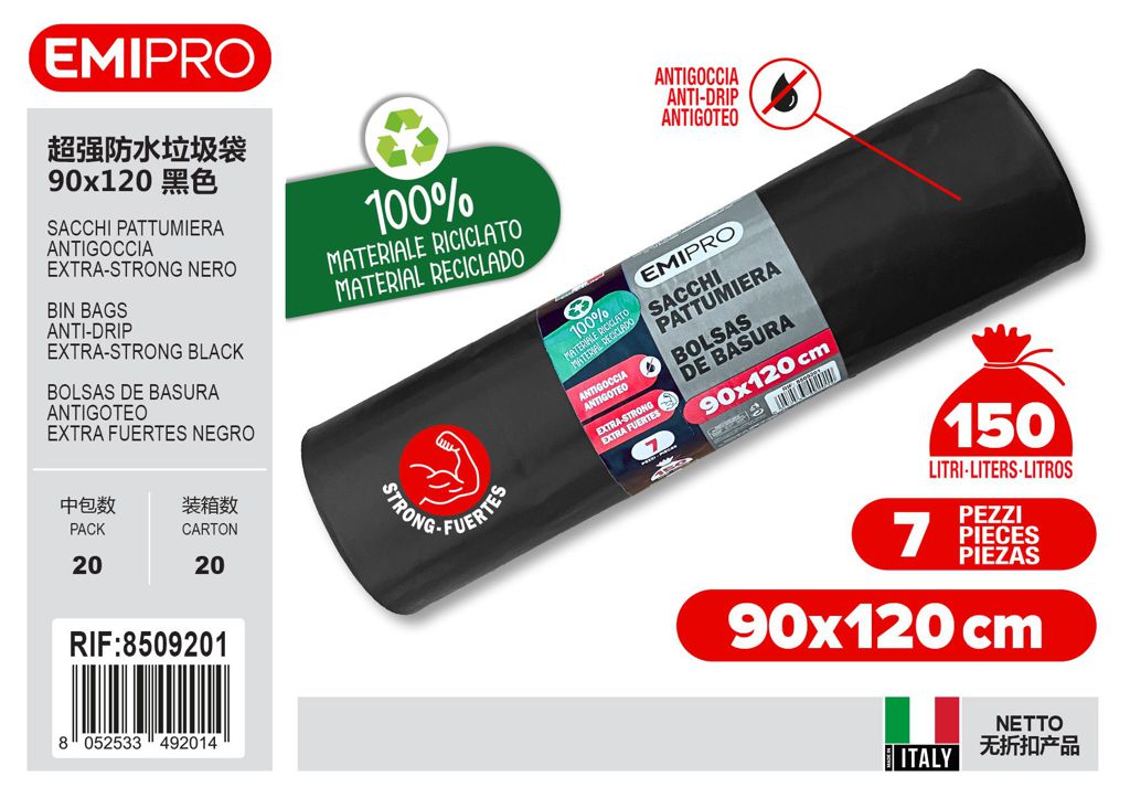 Sacchi Pattumiera Antigoccia Extra-Strong 90X120 Nero 7Pz 150L