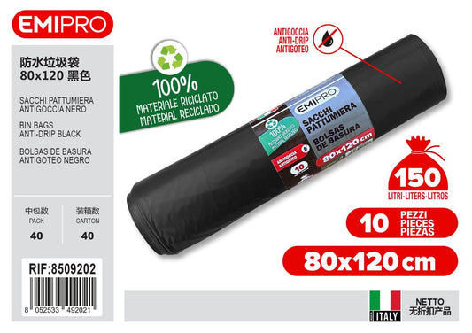 Sacchi Pattumiera Antigoccia 80X120 Nero 10Pz 150L