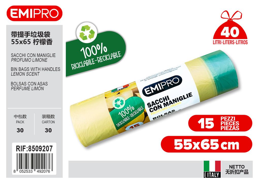 Sacco 55X65 Con Maniglie Prof. Limone 15Pz 40L