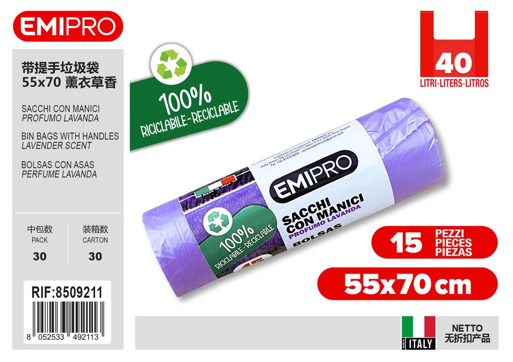 Sacco 55X70 Con Manici Prof. Lavanda 15Pz 40L