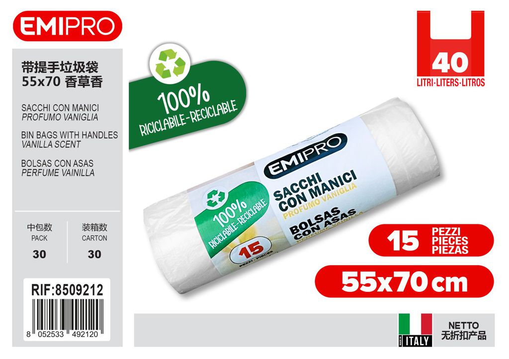 Sacco 55X70 Con Manici Prof. vaniglia 15Pz 40L