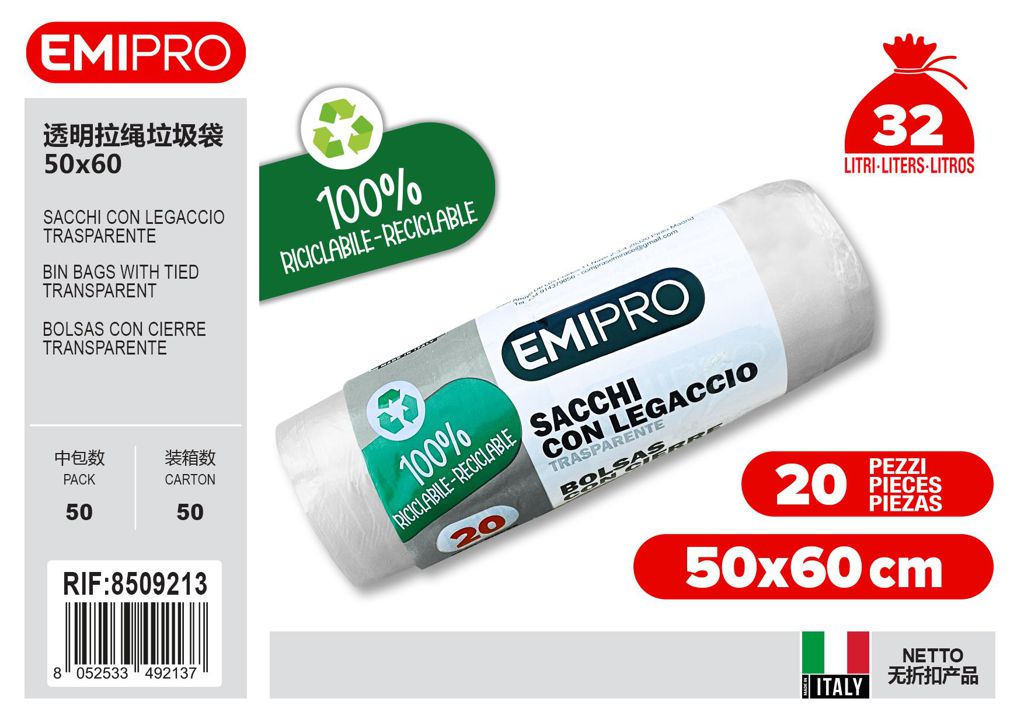 Sacco 50X60 Con Legaccio Trasparente 20Pz 32L