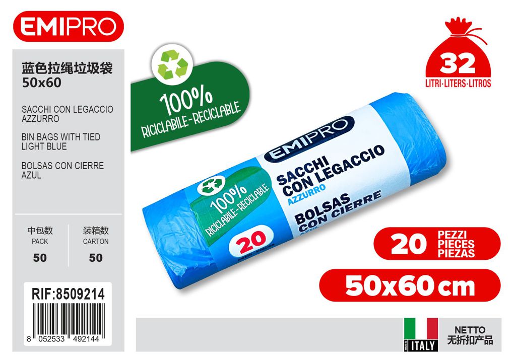 Sacco 50X60 Con Legaccio Azzurro 20Pz 32L