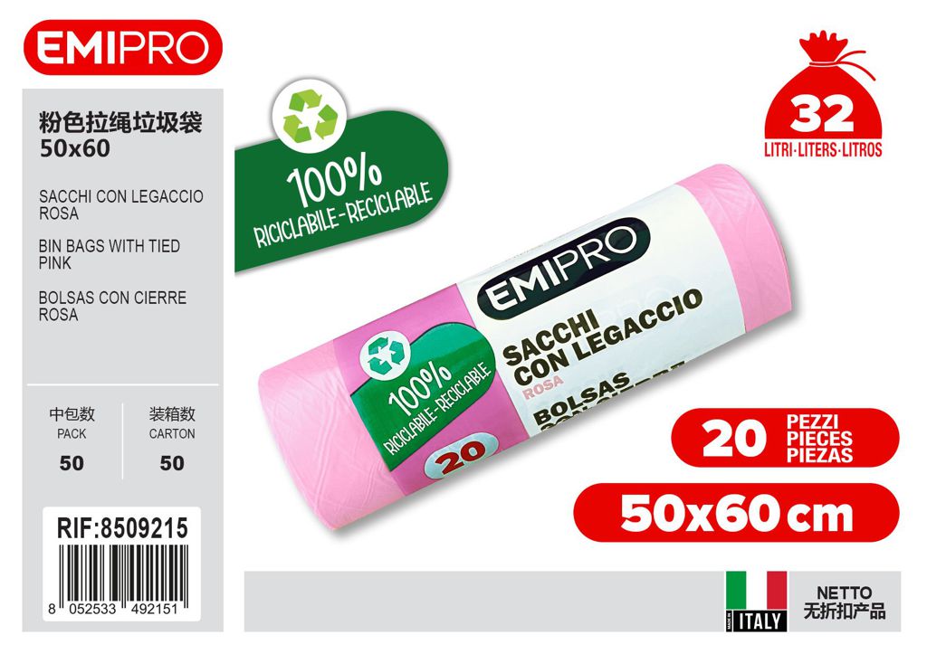 Sacco 50*60 Con Legaccio Rosa 20Pz 32L