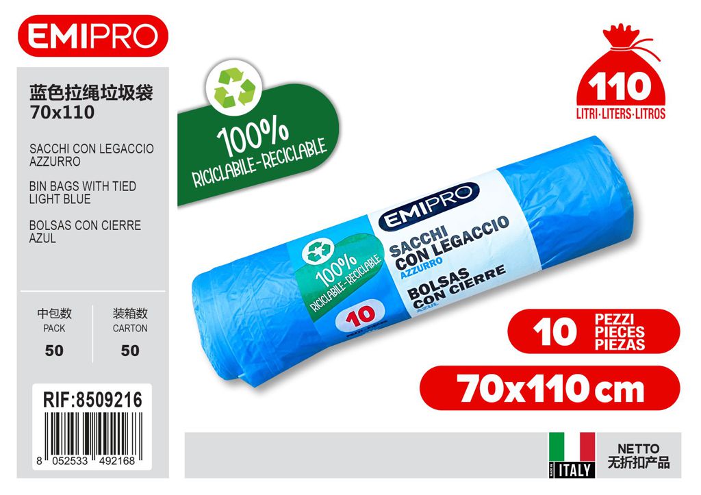Sacco 70X110 Con Legaccio Azzurro 10Pz 110L