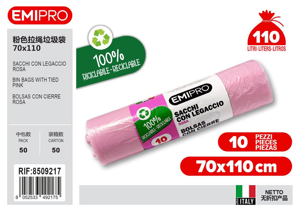 Sacco 70*110 Con Legaccio Rosa 10Pz 110L