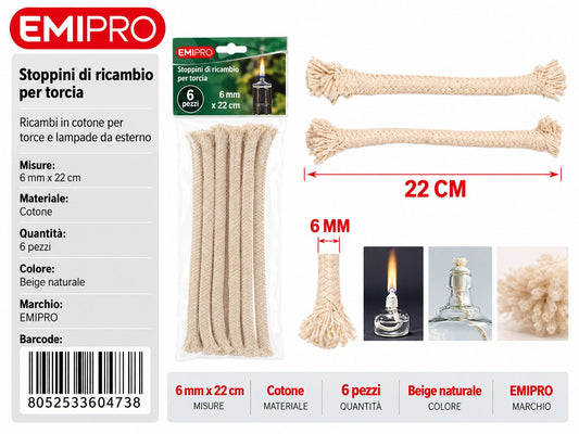 STOPPINI DI RICAMBIO PER TORCIA 6MM*22CM 6PCS