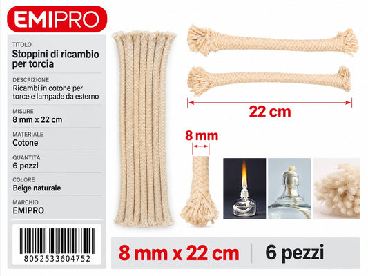 STOPPINI DI RICAMBIO PER TORCIA 8MM*22CM 6PCS
